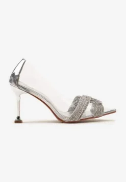 Srebrne Szpilki z Transparentnym Noskiem i Paskami w Cyrkonie Gilena