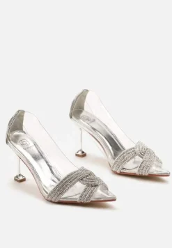 Srebrne Szpilki z Transparentnym Noskiem i Paskami w Cyrkonie Gilena