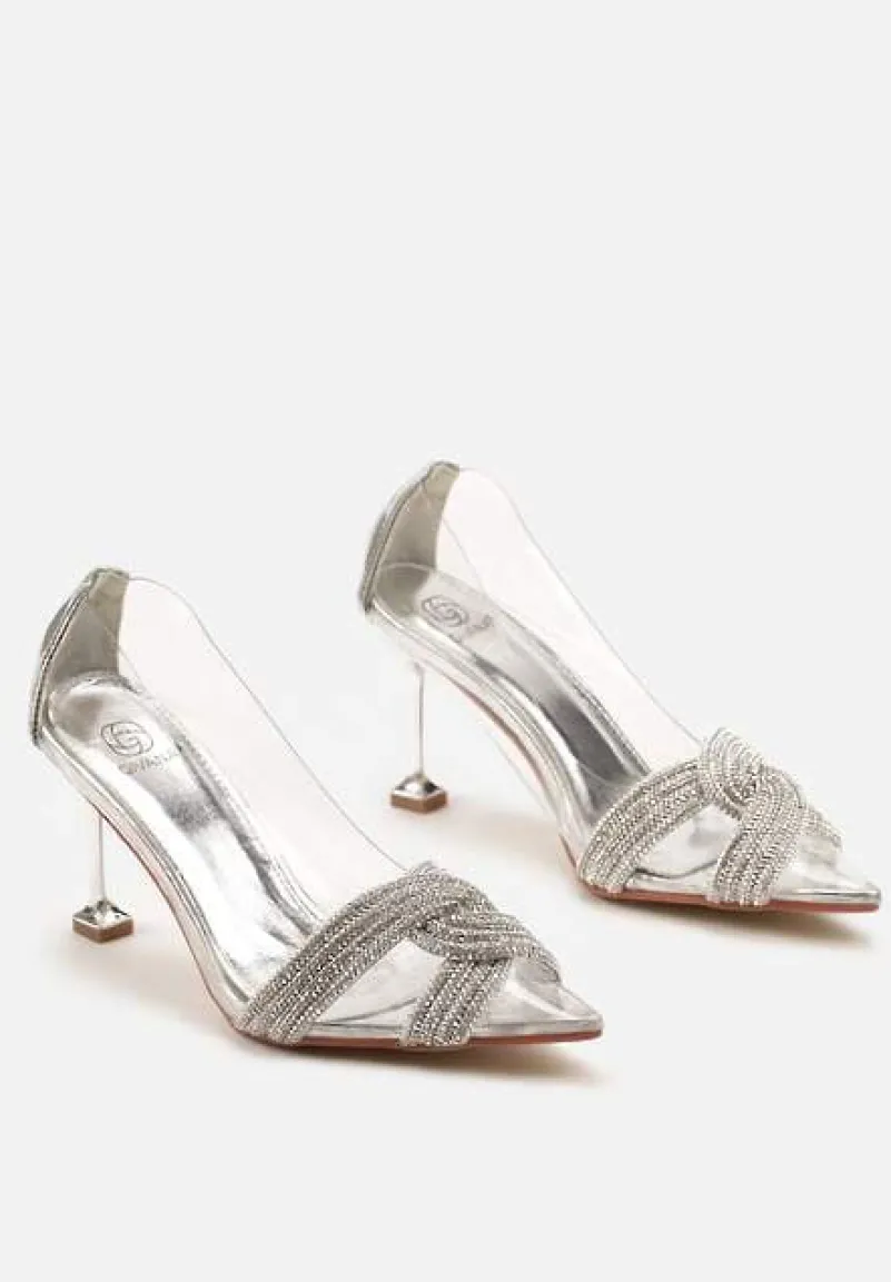 Srebrne Szpilki z Transparentnym Noskiem i Paskami w Cyrkonie Gilena