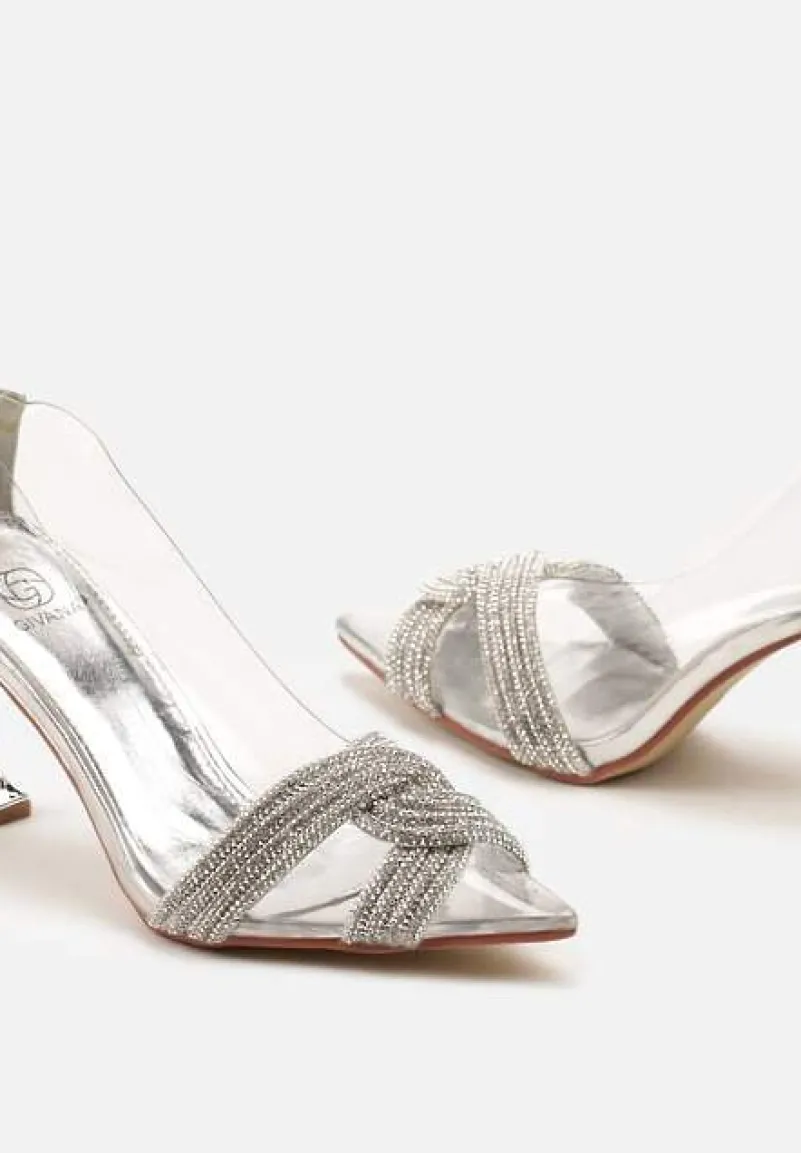 Srebrne Szpilki z Transparentnym Noskiem i Paskami w Cyrkonie Gilena