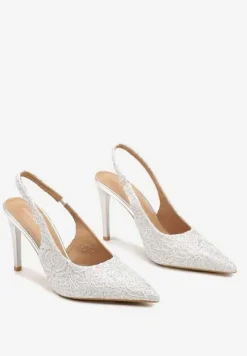 Srebrne Szpilki ze Szpiczastym Noskiem i Odkrytą Piętą Zdobione Koronką Sanariel