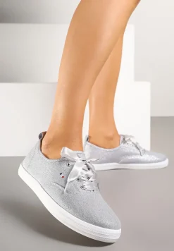 Srebrne Tenisówki Brokatowe z Ozdobnymi Sznurowadłami Palmena