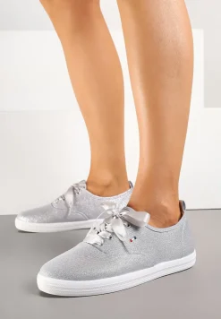 Srebrne Tenisówki Brokatowe z Ozdobnymi Sznurowadłami Palmena