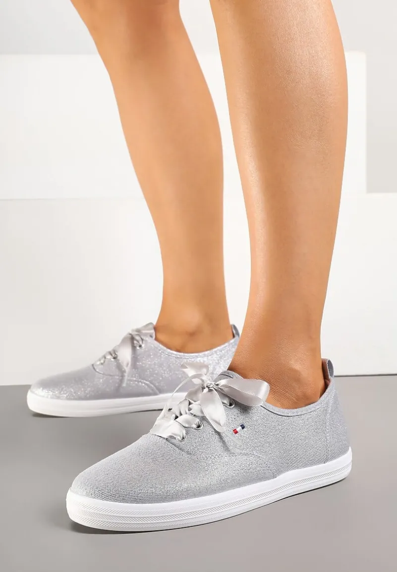 Srebrne Tenisówki Brokatowe z Ozdobnymi Sznurowadłami Palmena