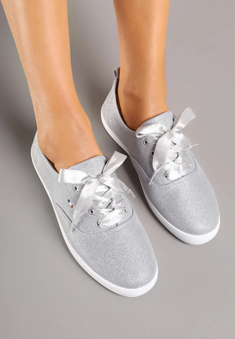 Srebrne Tenisówki Brokatowe z Ozdobnymi Sznurowadłami Palmena