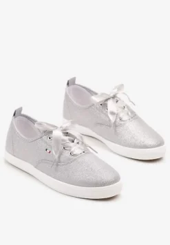 Srebrne Tenisówki Brokatowe z Ozdobnymi Sznurowadłami Palmena