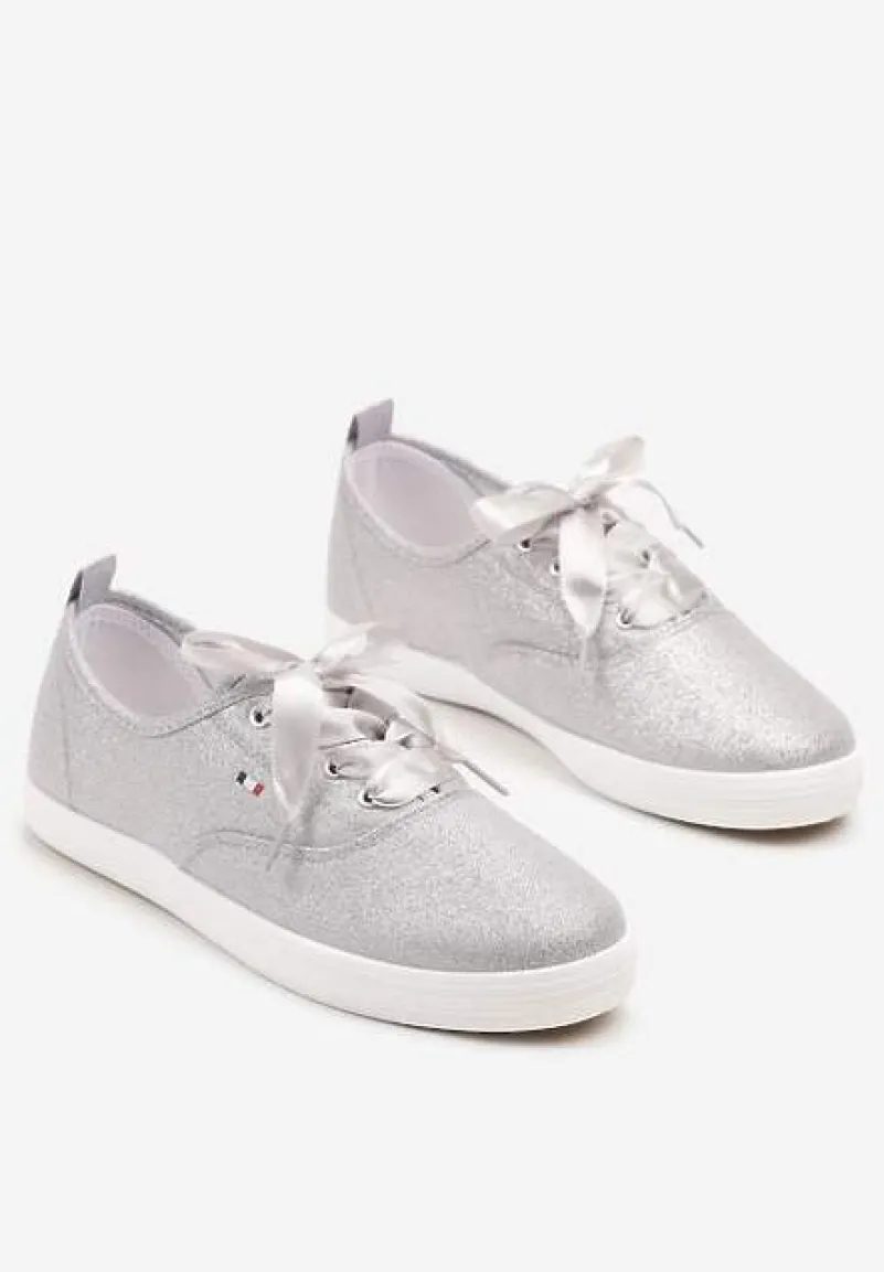 Srebrne Tenisówki Brokatowe z Ozdobnymi Sznurowadłami Palmena