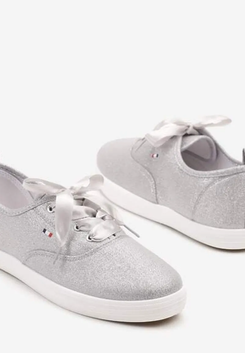 Srebrne Tenisówki Brokatowe z Ozdobnymi Sznurowadłami Palmena