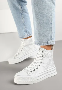 Srebrne Trampki Metaliczne za Kostkę na Platformie Tertewis