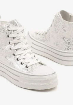 Srebrne Trampki Metaliczne za Kostkę na Platformie Tertewis