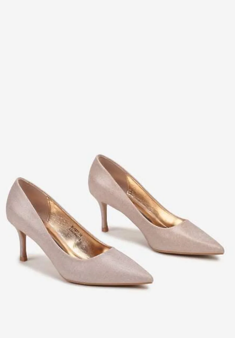 Szampańskie Brokatowe Czółenka na Obcasie Typu Szpilka ze Szpiczastym Noskiem Nevathra