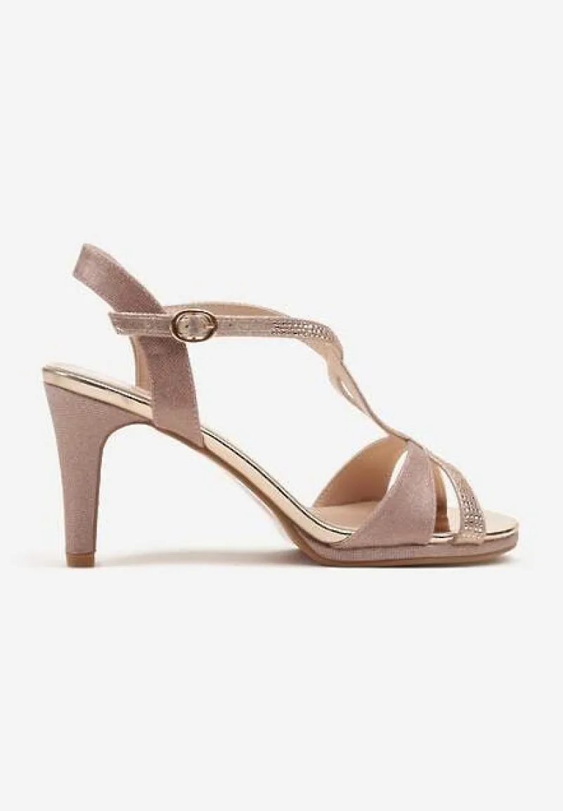 Szampańskie Brokatowe Sandały Ozdobione Paskami Clevera
