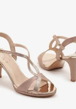Szampańskie Brokatowe Sandały Ozdobione Paskami Clevera