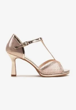 Szampańskie Brokatowe Sandały z Cyrkoniami na Obcasie Typu Klepsydra Zarineas
