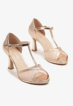 Szampańskie Brokatowe Sandały z Cyrkoniami na Obcasie Typu Klepsydra Zarineas