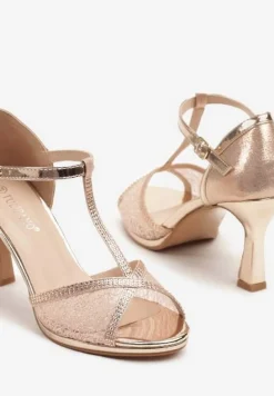 Szampańskie Brokatowe Sandały z Cyrkoniami na Obcasie Typu Klepsydra Zarineas