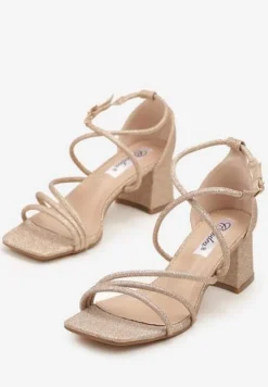 Szampańskie Brokatowe Sandały na Słupkowym Obcasie Dollinea