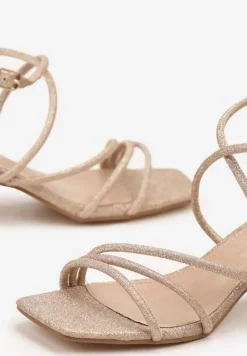 Szampańskie Brokatowe Sandały na Słupkowym Obcasie Dollinea
