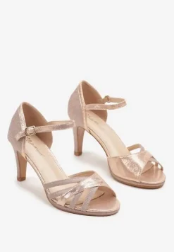 Szampańskie Brokatowe Sandały na Obcasie Typu Szpilka Ilivana