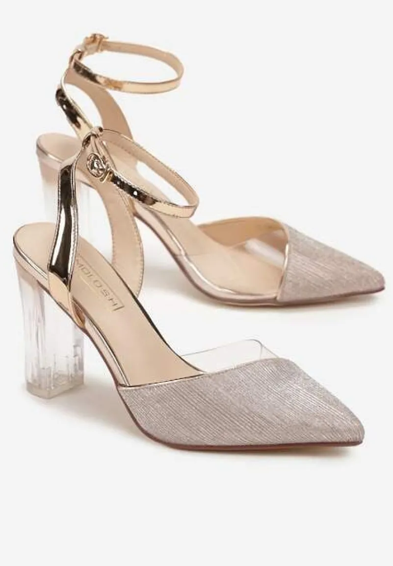 Szampańskie Brokatowe Sandały na Przezroczystym Słupku ze Sprzączką i Szpiczastym Noskiem Eizreva