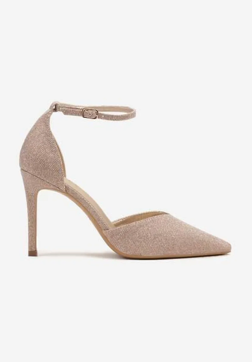 Szampańskie Brokatowe Szpilki ze Szpiczastym Noskiem i Paskiem ze Sprzączką Danarilis