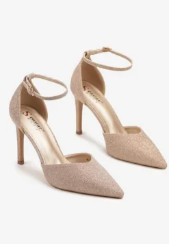 Szampańskie Brokatowe Szpilki ze Szpiczastym Noskiem i Paskiem ze Sprzączką Danarilis