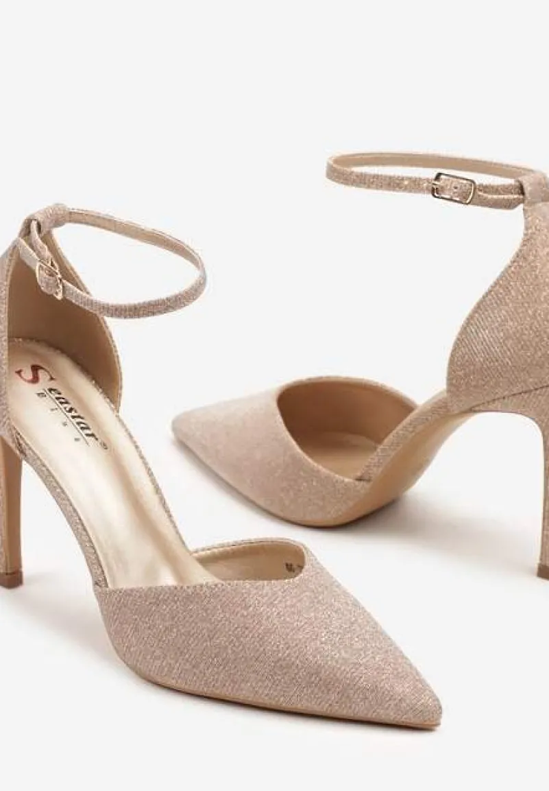 Szampańskie Brokatowe Szpilki ze Szpiczastym Noskiem i Paskiem ze Sprzączką Danarilis