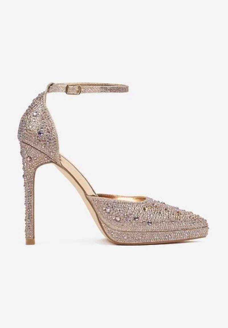 Szampańskie Brokatowe Szpilki Ozdobione Cyrkoniami Zapinane Wokół Kostki Nelefia