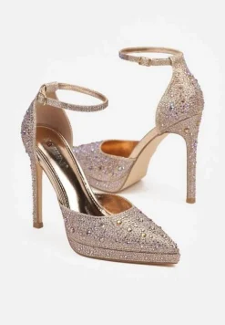 Szampańskie Brokatowe Szpilki Ozdobione Cyrkoniami Zapinane Wokół Kostki Nelefia