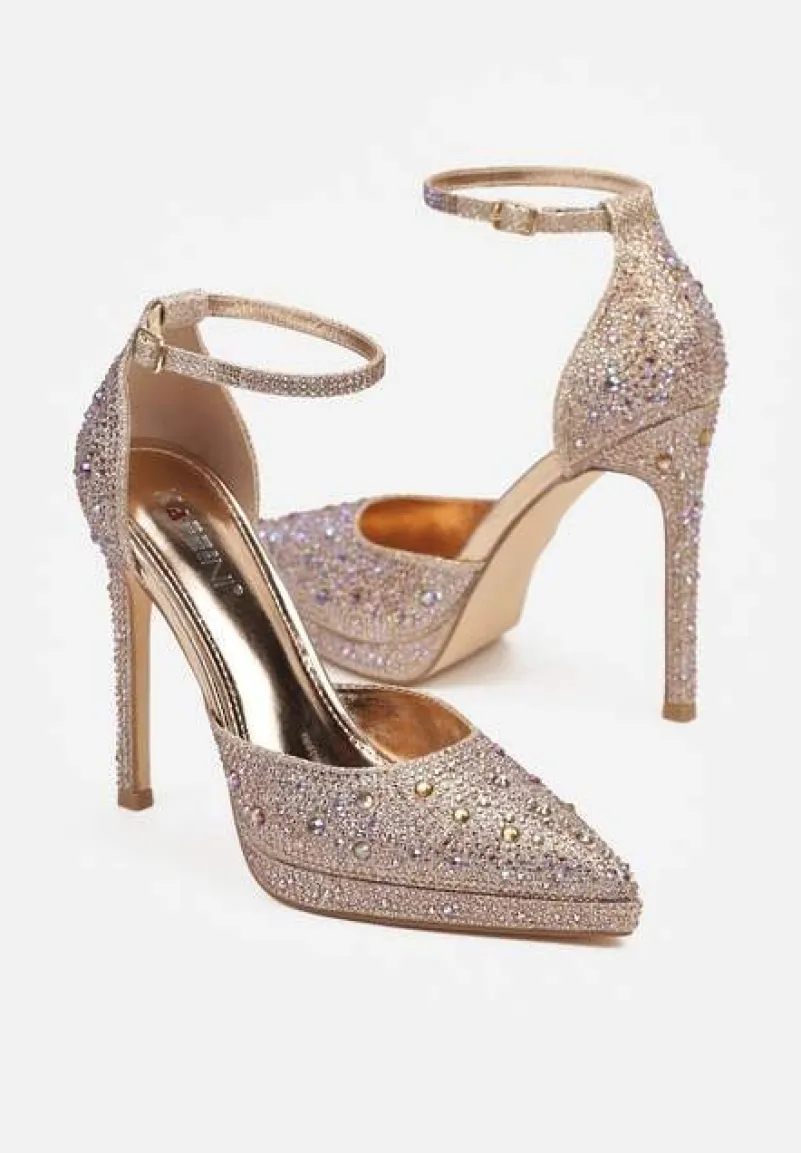 Szampańskie Brokatowe Szpilki Ozdobione Cyrkoniami Zapinane Wokół Kostki Nelefia