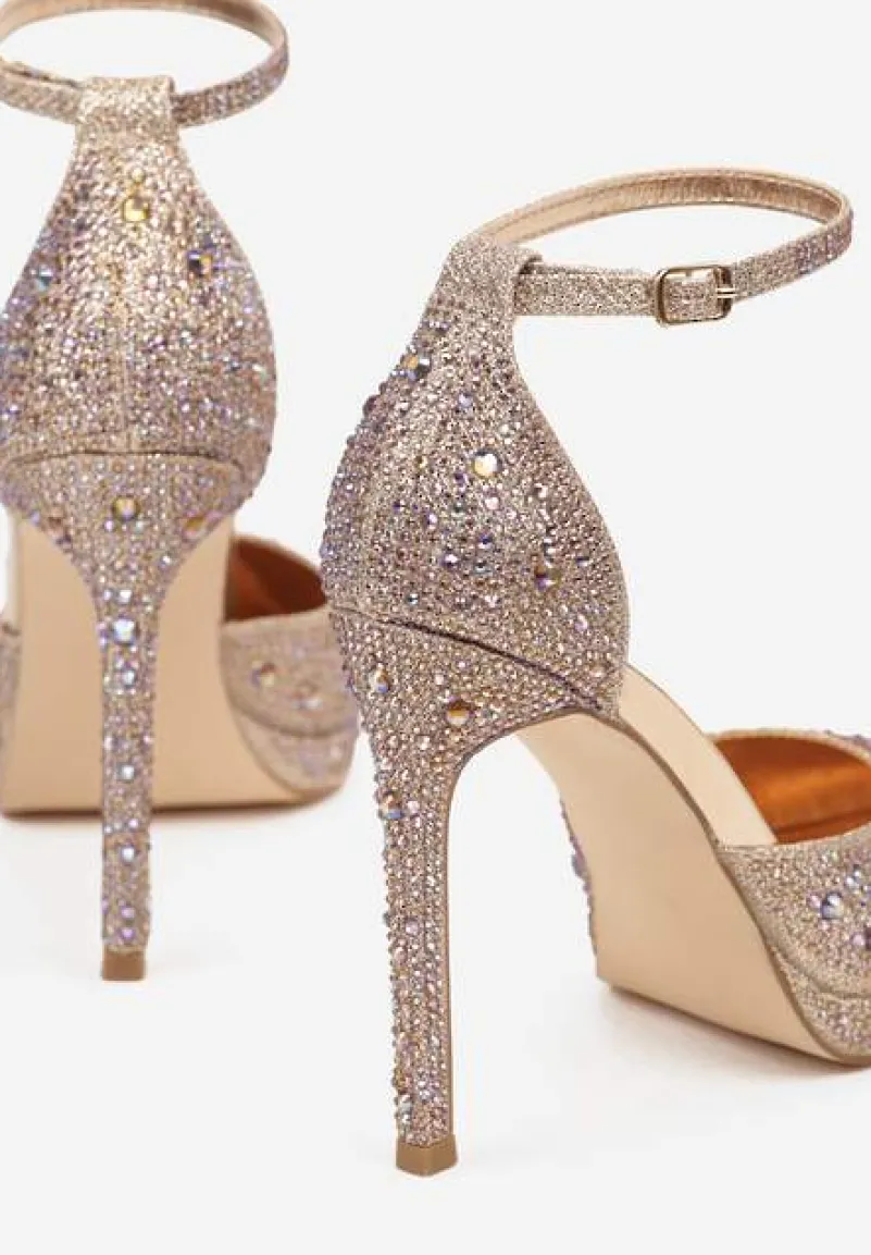 Szampańskie Brokatowe Szpilki Ozdobione Cyrkoniami Zapinane Wokół Kostki Nelefia