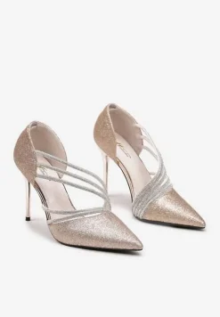 Szampańskie Brokatowe Szpilki na Metalicznej Szpilce Ozdobione Cyrkoniami Ineka