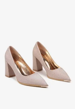 Szampańskie Czółenka na Słupku z Brokatem Evendra