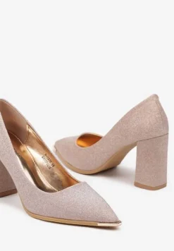 Szampańskie Czółenka na Słupku z Brokatem Evendra