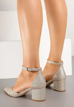 Szampańskie Czółenka Vices na Słupku z Wkładką ze Skóry Naturalnej Ozdobione Paskiem Resilia