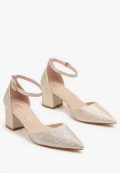 Szampańskie Czółenka Vices na Słupku z Wkładką ze Skóry Naturalnej Ozdobione Paskiem Resilia