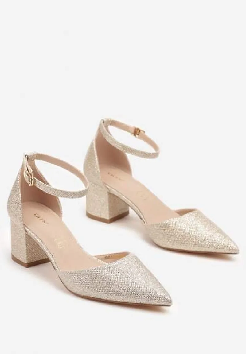 Szampańskie Czółenka Vices na Słupku z Wkładką ze Skóry Naturalnej Ozdobione Paskiem Resilia