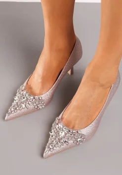 Szampańskie Eleganckie Czółenka na Szpilce z Brokatem i Cyrkoniami Arkana