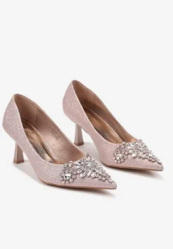 Szampańskie Eleganckie Czółenka na Szpilce z Brokatem i Cyrkoniami Arkana