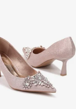 Szampańskie Eleganckie Czółenka na Szpilce z Brokatem i Cyrkoniami Arkana