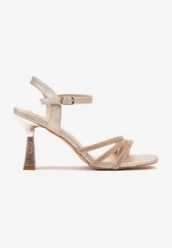Szampańskie Eleganckie Sandały na Obcasie Ozdobione Brokatem i Cyrkoniami Ederia