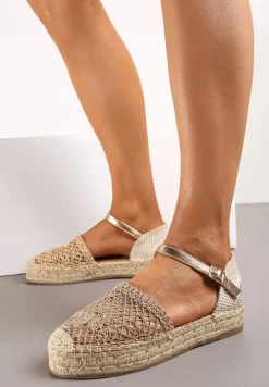 Szampańskie Espadryle na Niskiej Platformie Zapinane wokół Kostki z Plecionką Asanipia
