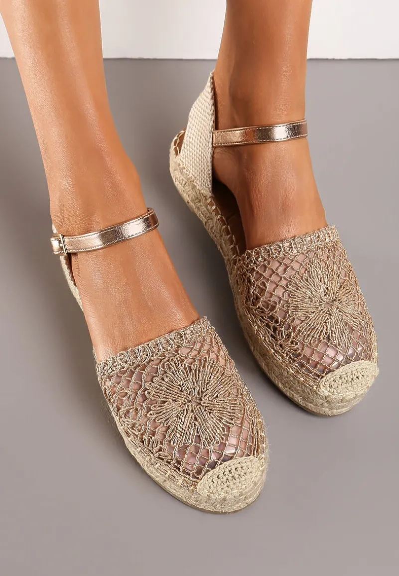Szampańskie Espadryle na Niskiej Platformie Zapinane wokół Kostki z Plecionką Asanipia