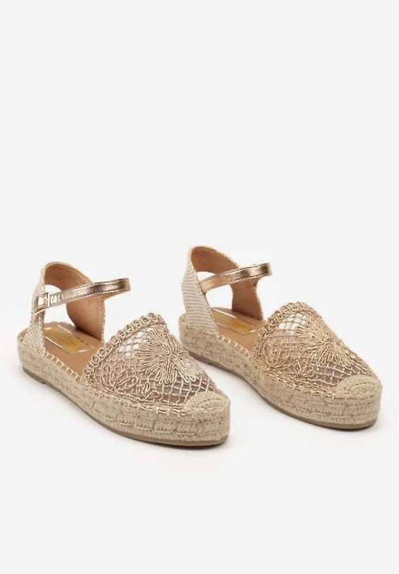 Szampańskie Espadryle na Niskiej Platformie Zapinane wokół Kostki z Plecionką Asanipia