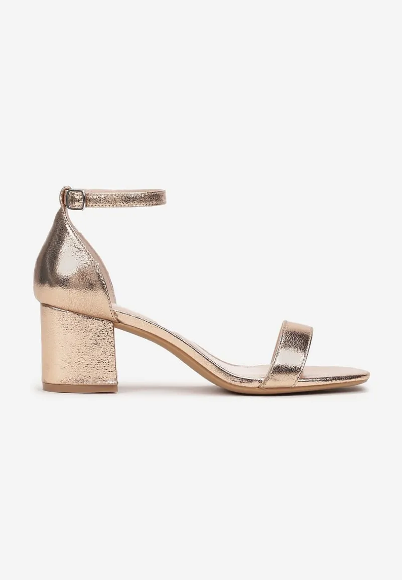 Szampańskie Gładkie Sandały na Słupkowym Obcasie Saia
