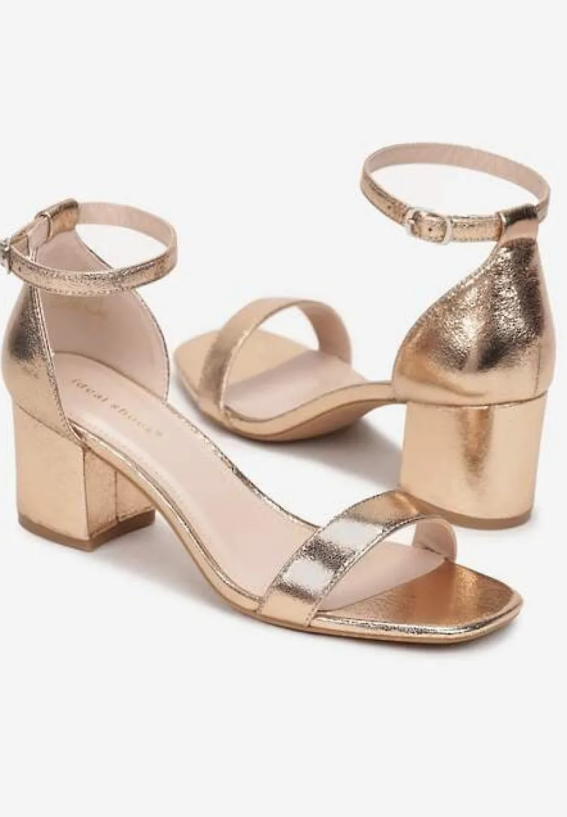 Szampańskie Gładkie Sandały na Słupkowym Obcasie Saia