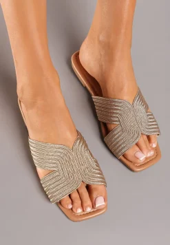 Szampańskie Klapki na Płaskiej Podeszwie z Cyrkoniami Tinena