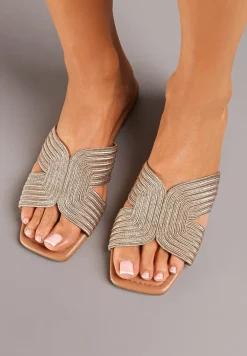 Szampańskie Klapki na Płaskiej Podeszwie z Cyrkoniami Tinena