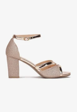 Szampańskie Sandały Brokatowe na Słupku Layo