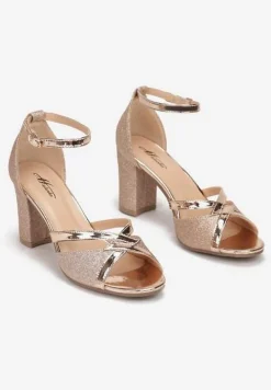 Szampańskie Sandały Brokatowe na Słupku Layo